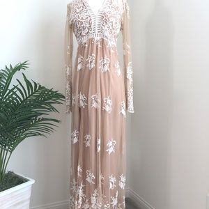 Nude/Beige White Long Sleeve High Slit Maxi Dress